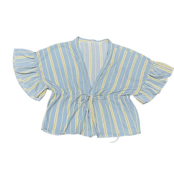 Striped Blouse Tie Front Closure Flutter Sleeves - Picture 1 of 3